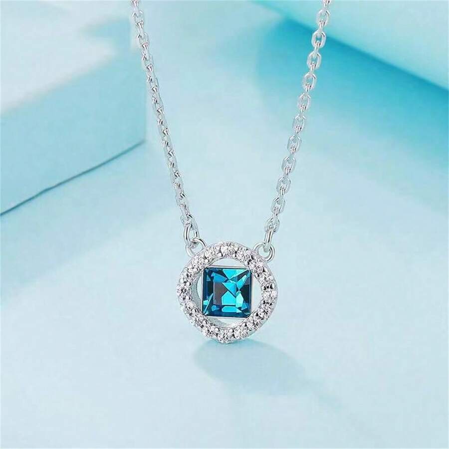 1 件銅鍍白金海洋心形吊墜鎖骨鏈配藍色立方氧化鋯 - 銀色 - 查看 1