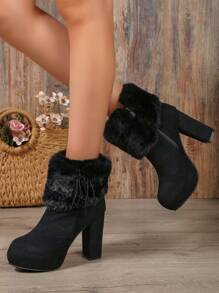 Women's Gorgeous Round Toe Side Zipper Velvet And Furry Edge High-heeled Fashion Boots - Black - View 2