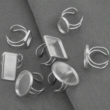 2入組不鏽鋼可調節大小的圓形/方形/橢圓形鑲嵌中空底部玻璃珠戒指,diy珠寶配件戒指 - 銀色 - 查看 4