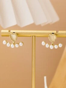 1對女士貓眼石和心形和金色吊墜珍珠耳釘 - 金色 - 查看 3