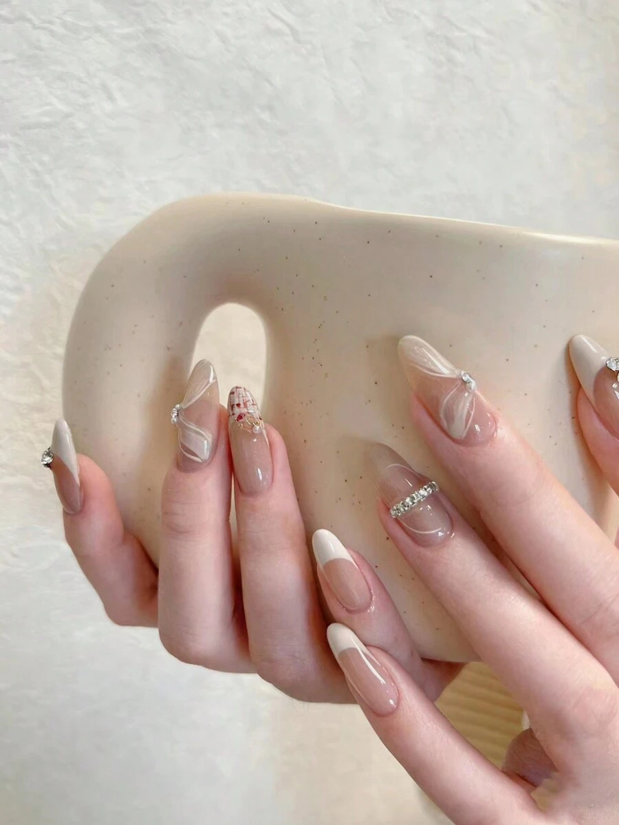 24 Uñas Artificiales De Estilo Francés En Forma De Almendra Con Piedras Preciosas, Usables, Adecuadas Para Uso Diario - Multicolor - Ver 1