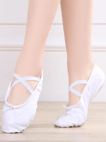 Women's White Slip On Ballet Flats, Bow Dance Practice Shoes, Sweat-Absorbent Breathable Soft Comfortable, Portable House Slippers, Drawstring Dance Shoes