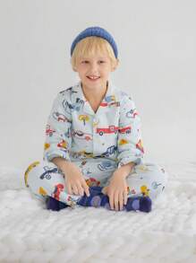 Annil 適合青少年男女的冬季加厚純棉親膚睡衣，可愛卡通印花保暖上衣和長褲兩件套藍色，兒童家居服裝 - 藍色 - 查看 2