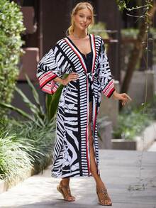 Tropical Print Belted Kimono Dress - Multicolor - View 9