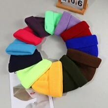 純色新款秋冬溫暖休閒時尚編織帽,適合戶外無邊帽穿著 - 黃色 - 查看 2