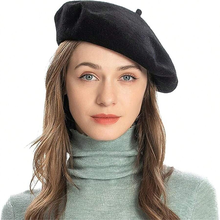 1 件装羊毛法式贝雷帽纯色贝雷帽女式冬季秋季 - 黑色 - 查看 1