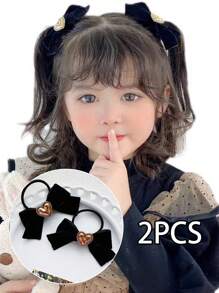 2 件裝女孩復古心形天鵝絨蝴蝶結髮帶適用於馬尾辮、高彈力髮帶和不傷害頭髮的配飾 - 黑色 - 查看 1