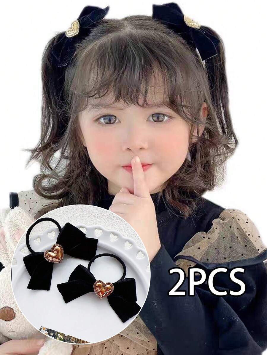 2 件裝女孩復古心形天鵝絨蝴蝶結髮帶適用於馬尾辮、高彈力髮帶和不傷害頭髮的配飾 - 黑色 - 查看 1