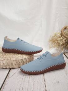 新款系帶平底增大碼女鞋,奶媽用牛肌底白鞋,大尺碼 - 藍色 - 查看 5