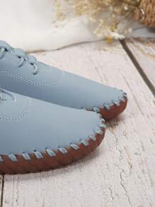 新款系帶平底增大碼女鞋,奶媽用牛肌底白鞋,大尺碼 - 藍色 - 查看 6