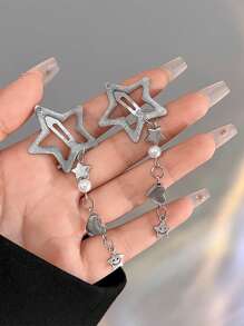 2个/对星形流苏发夹，带链条和侧边发夹，街头Y2K风格爪夹，发爪，发卡，学习用品，发饰 - 銀色 - 查看 2