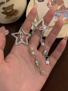 2个/对星形流苏发夹，带链条和侧边发夹，街头Y2K风格爪夹，发爪，发卡，学习用品，发饰 - 銀色 - 查看 5