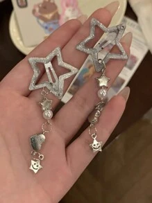 2个/对星形流苏发夹，带链条和侧边发夹，街头Y2K风格爪夹，发爪，发卡，学习用品，发饰 - 銀色 - 查看 6