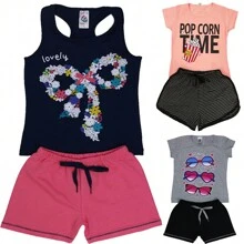Kit Lote 3 Conjuntos Roupa Infantil Juvenil Menina Feminina  Atacado Barato Verão 10 Ao 16 Anos - Multicolorido - Visão 2