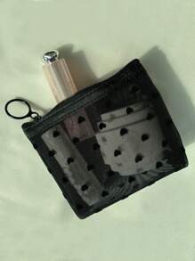 1 件女士旅行化妆收纳袋网眼化妆包洗漱用品透明洗漱包包轻便时尚钱包周年纪念生日礼物白领人士男士女士心形钱包迷你包简约钱包 - 黑色 - 查看 4