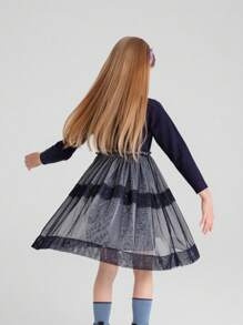 Annil Winter Trendmode für Tween Mädchen, elegantes blau gestricktes Langarm-Sweater-Kleid mit warmem Mesh-Einsatz