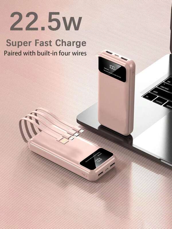 Pink Super Fast Charging Long Screen 10000mah Power Bank With 4 Built