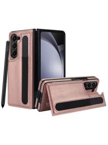 Luxury Leather Case Compatible With Samsung Galaxy Z Fold 5 6 Fold3 4 With Pen Slot Card Holder And Stand - Anti-Drop Shockproof Covers Pens Not Included - Rose Gold - View 2