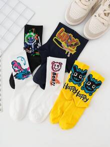 5pairs Men's Colorful Graffiti Street Style Mid-calf Socks - Multicolor - View 2