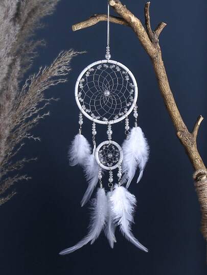 1 Original Style Hand-Woven Dream Catcher Dyed Gray Natural Rooster Feather Double Ring Hanging Wall Decoration Home Wall Hanging School Season Gift,Halloween,Spooky,Autumn,Holiday,Festival,Home Decor ,Room Decor,Wall Decor School Decor School Surprise Dormitory Decor Back To School School Supplies