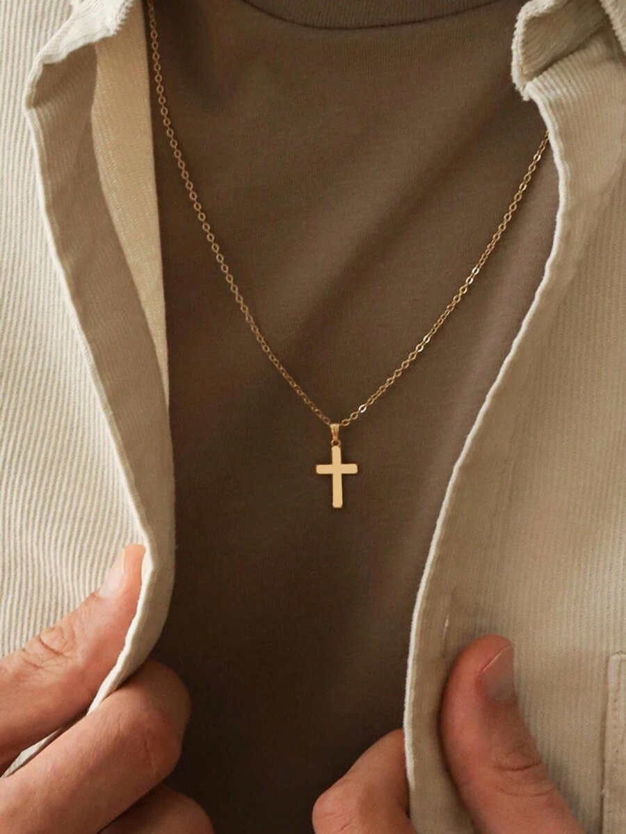 時尚男士不銹鋼十字吊墜項鍊,合適的適用於男士派對,宴會,約會,節日和作為禮物 - 金色 - 查看 1