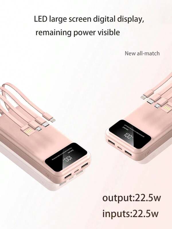 Pink Super Fast Charging Long Screen 10000mah Power Bank With 4 Built