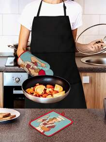 耐热烤箱手套和锅垫套装、妈妈图案卡通围裙微波炉手套、涤纶面料加厚双层隔热厨房烹饪手套和垫子、多功能家用炊具套装 - 藍色 - 查看 2