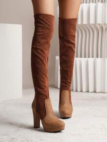 Women's Plus Size Fashion Boots, Autumn & Winter, High Knee, Solid Color, Comfortable And Warm Velvet Lining - Brown - View 4