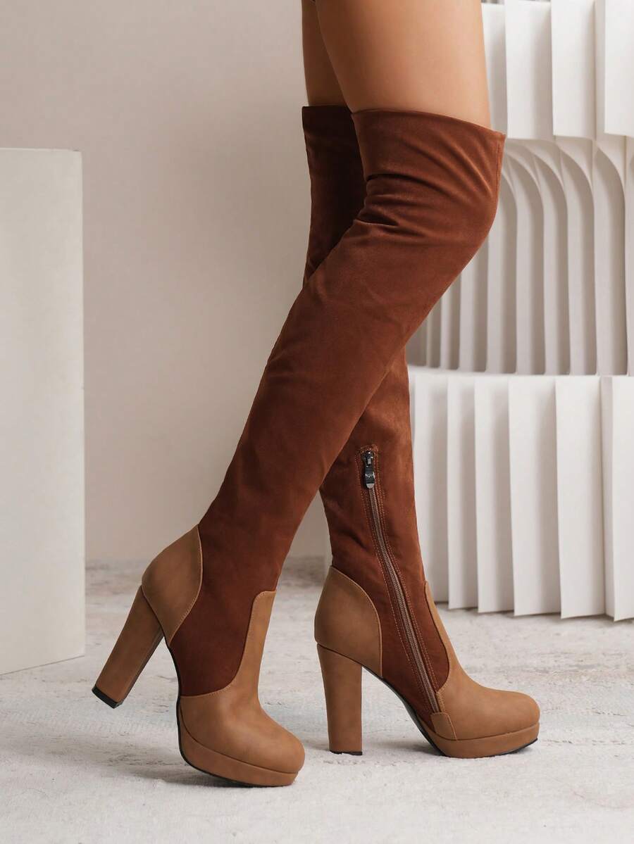 Women's Plus Size Fashion Boots, Autumn & Winter, High Knee, Solid Color, Comfortable And Warm Velvet Lining - Brown - View 1