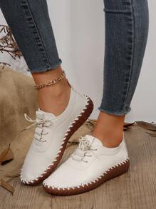 新款大尺碼女鞋,孕婦鞋,配有牛肌鞋底和鞋帶閉合的平底運動鞋 - 米色 - 查看 2