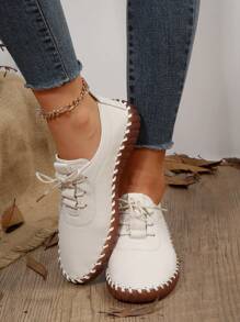 新款大尺碼女鞋,孕婦鞋,配有牛肌鞋底和鞋帶閉合的平底運動鞋 - 米色 - 查看 3