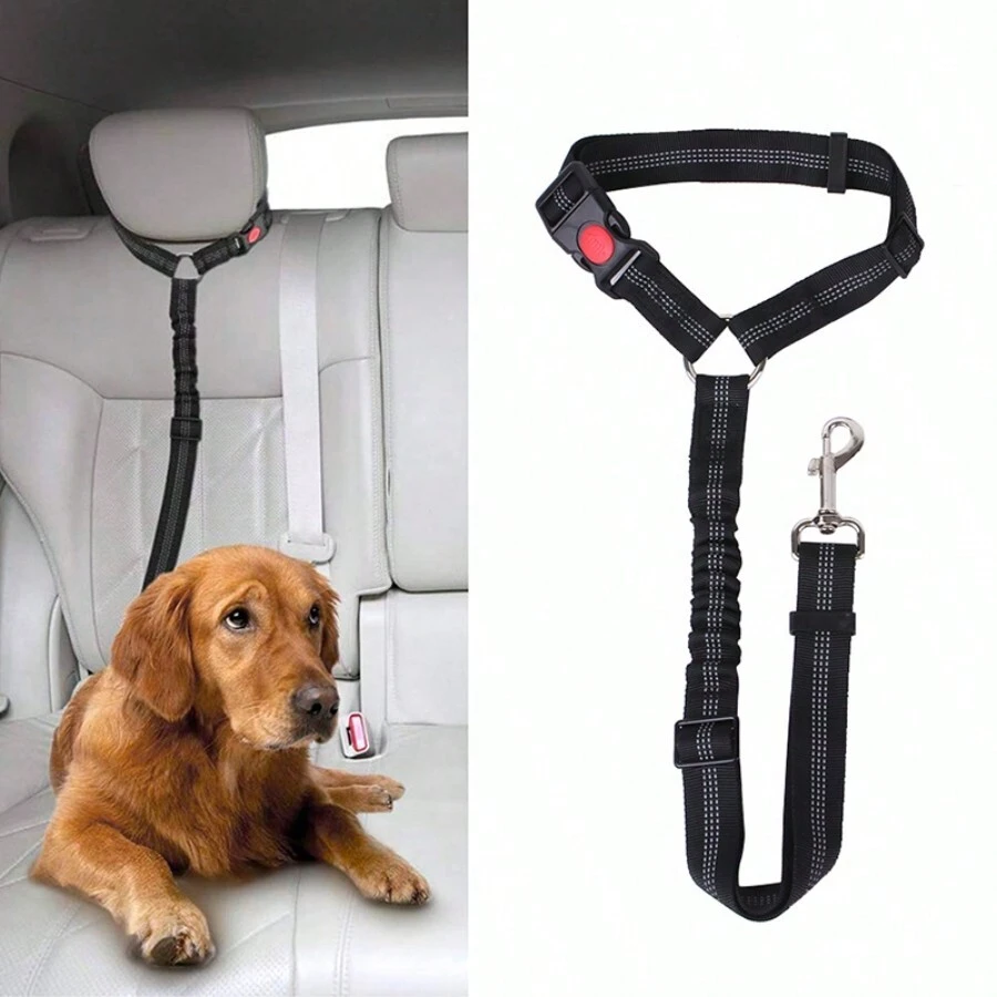 Pet Car Seat Belt With Reflective Elastic Leash And Round Ring, For Dogs - Black - View 1