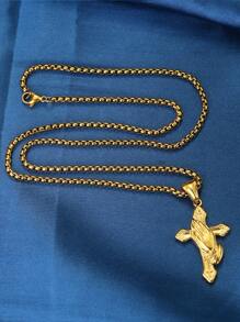 1pc Gold Stainless Steel Cross Pendant Necklace, Faith Festival Gift - Yellow Gold - View 4