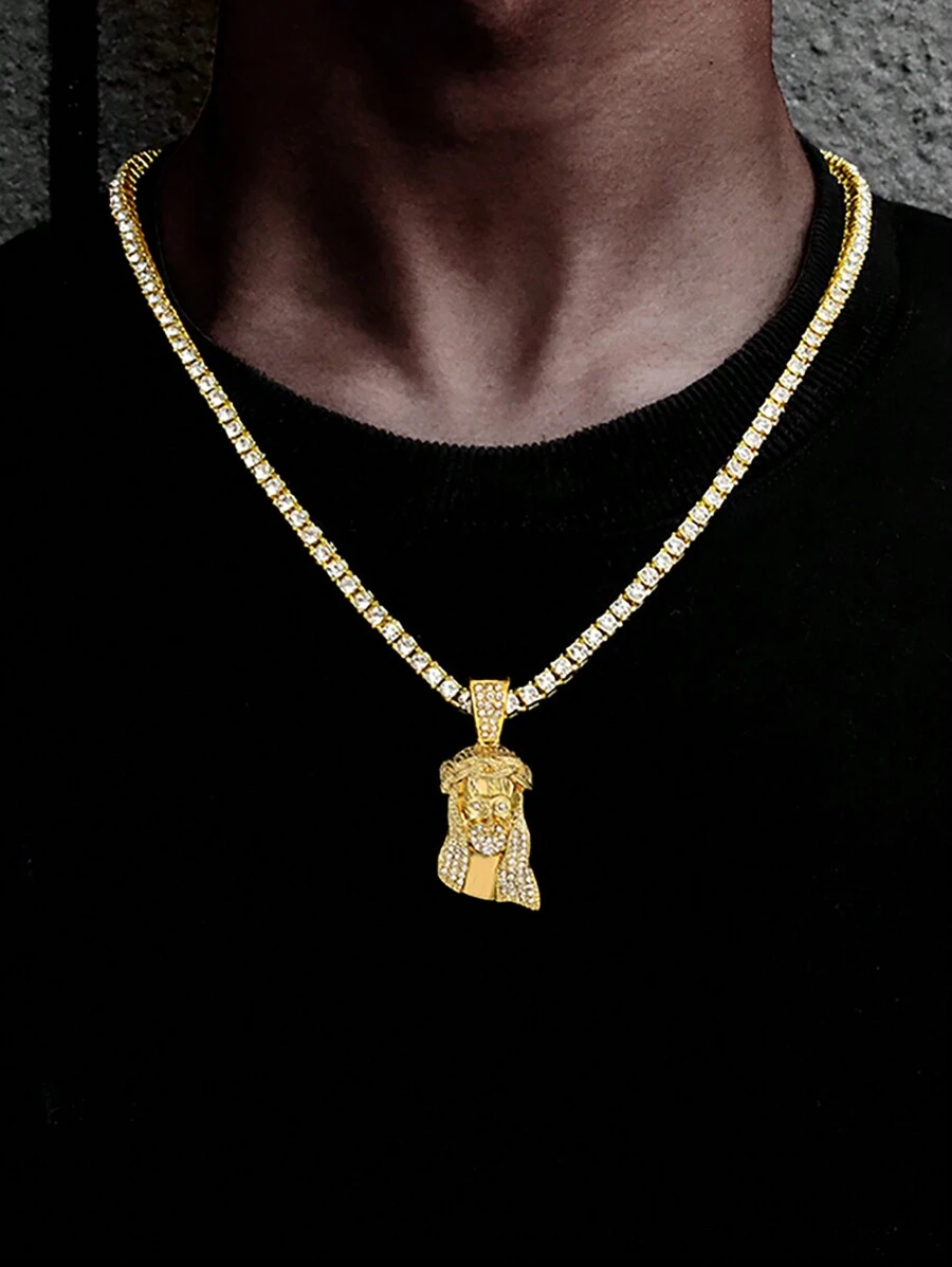 1條潮流朋克風格頸鍊,全鑽石定位頭項鍊,4mm網球鍊適用於男女嘻哈風格珠寶 - 金色 - 查看 1