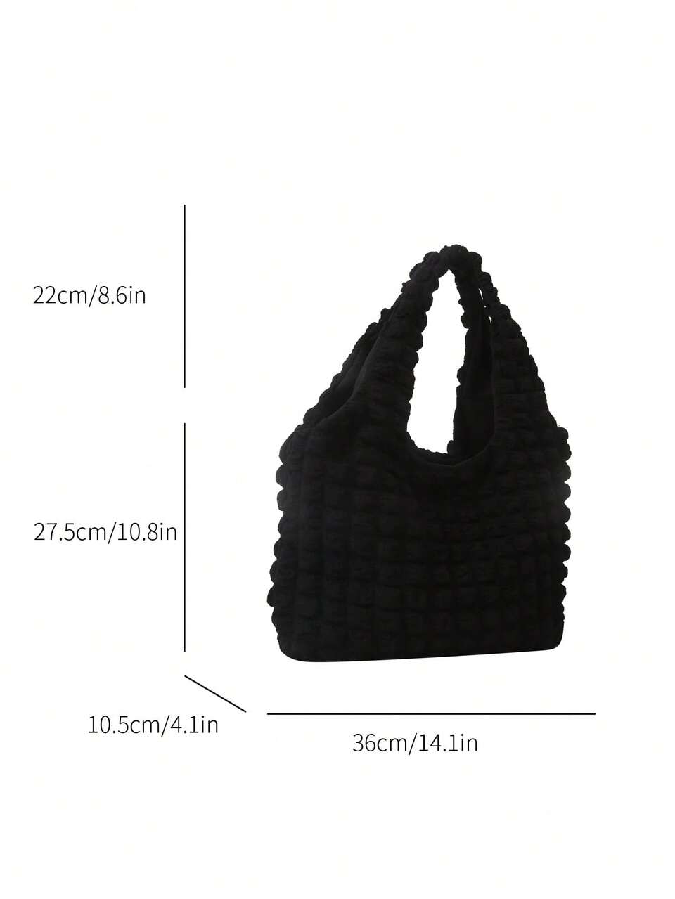 1pc Black Padded Bubble Fabric Tote Shoulder Bag With Open Top, Suitable For Women's Daily Use