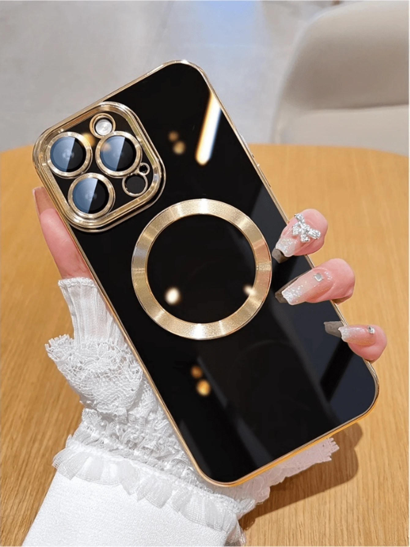 1pc Black Electrical Plating Protection Case With Mirror Screen And Magnetic Suction, Compatible With Iphone - Black - View 1