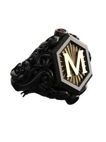 1入組時尚和創意個性化合金黑色雙色字母M紋理圖案圓環適合男士至穿戴日常和相片 - 黑色 - 查看 2