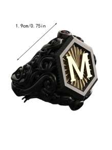 1入組時尚和創意個性化合金黑色雙色字母M紋理圖案圓環適合男士至穿戴日常和相片 - 黑色 - 查看 3