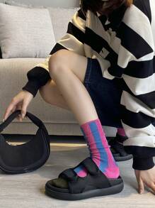 1pair Women's Dopa Colorblock Mid-calf Socks, Breathable & Non-slip, Fashionable Niche Style, Multi-color Splicing, Suitable For All Skin Tones, Versatile - Pink - View 2