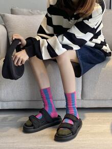 1pair Women's Dopa Colorblock Mid-calf Socks, Breathable & Non-slip, Fashionable Niche Style, Multi-color Splicing, Suitable For All Skin Tones, Versatile - Pink - View 3