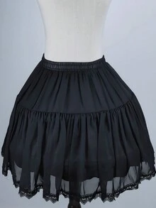 1pc Short Style Women's Steel Ring Skirt With Chiffon Flower Soluble Lace Hem - Black - View 2