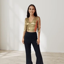 Fashion Elegant Shiny Three Quarter Sleeve Spandex Blouse Metallic Cross Crop Top T-Shirt - Gold - View 3