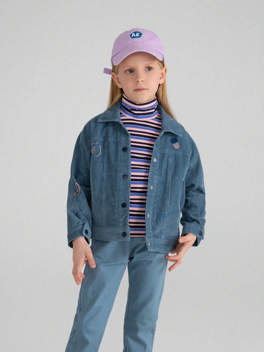 Annil Tween Girl 翻领夹克外套，秋冬季学生灯芯绒时尚上衣蓝色