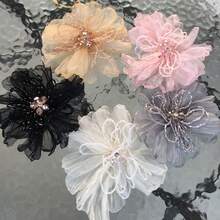 1pc Organza Multi-layered Flower Brooch With Beads And Shiny Decorative Sticker - Pink - View 3