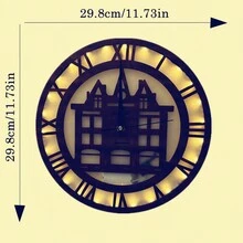 1入組30*30cm木質復古時鐘燈具,帶有led燈光效果,羅馬數字時鐘帶自粘鉤,採用光控+聲控晶片進行燈光控制,別墅閣樓結構造型,經過雷射雕刻的鐘面帶uv色調的復古木紋,適用於家居牆壁裝飾,採用機械時鐘運動,當天黑時且檢測到聲音時燈光會自動點亮,並於50秒後自動關閉,節能；時鐘運動使用1pc Aa電池,燈光電源使用2pc Aaa電池（不含電池）。 - 紅木色 - 查看 10