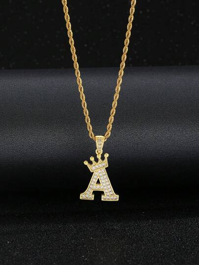 1 Pc 60cm Fashion Popular Initial Letter & Crown Pendant Stainless Steel Twist Chain Necklace For Men Women Unisex Choker For Friend Christmas Birthday Gift