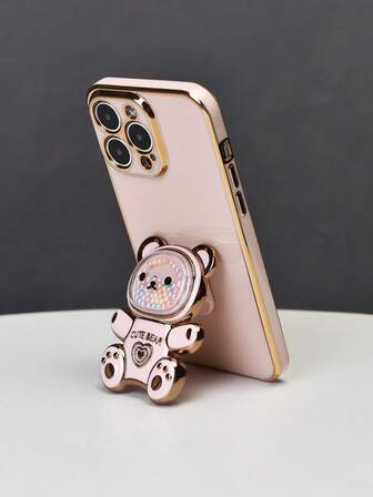 1pc Pink Plated Colorful Beaded Bear Design Phone Case With Hidden Support Stand, Shockproof And Camera Protection, Compatible With Iphone7/8/11/12/13/14/x/xr/xs/plus/ Pro/pro Max/se2/mini Series