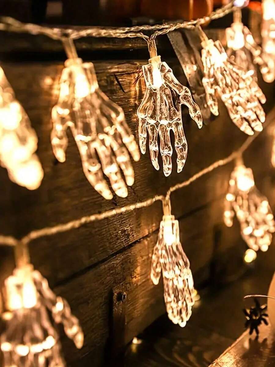 萬聖節,骷髏手發光燈串,塑料材質,長1.5米,電池供電,適合為萬聖節增添氣氛, - 白色 - 查看 1