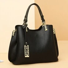 黑色软皮立体包时尚便携托特包大容量通勤手提包可斜挎适合女性日常使用简约百搭。 - 黑色 - 查看 4