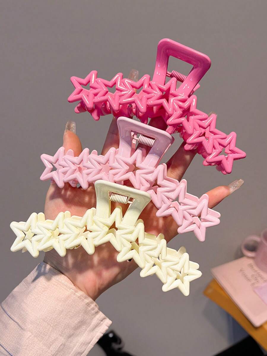 3入組y2k風格女士粉紅色星星設計髮夾街頭潮流 - 彩色 - 查看 1
